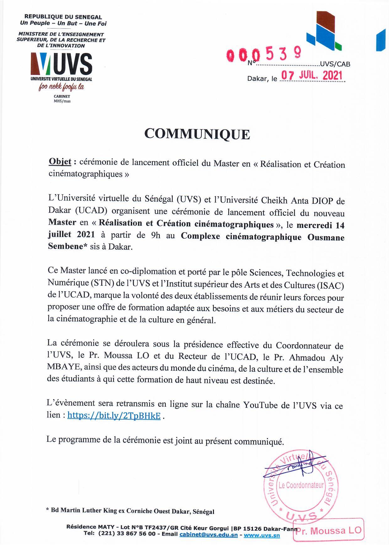 communiqué de lancement officiel du Master en cinématographie UVS_UCAD-page-001